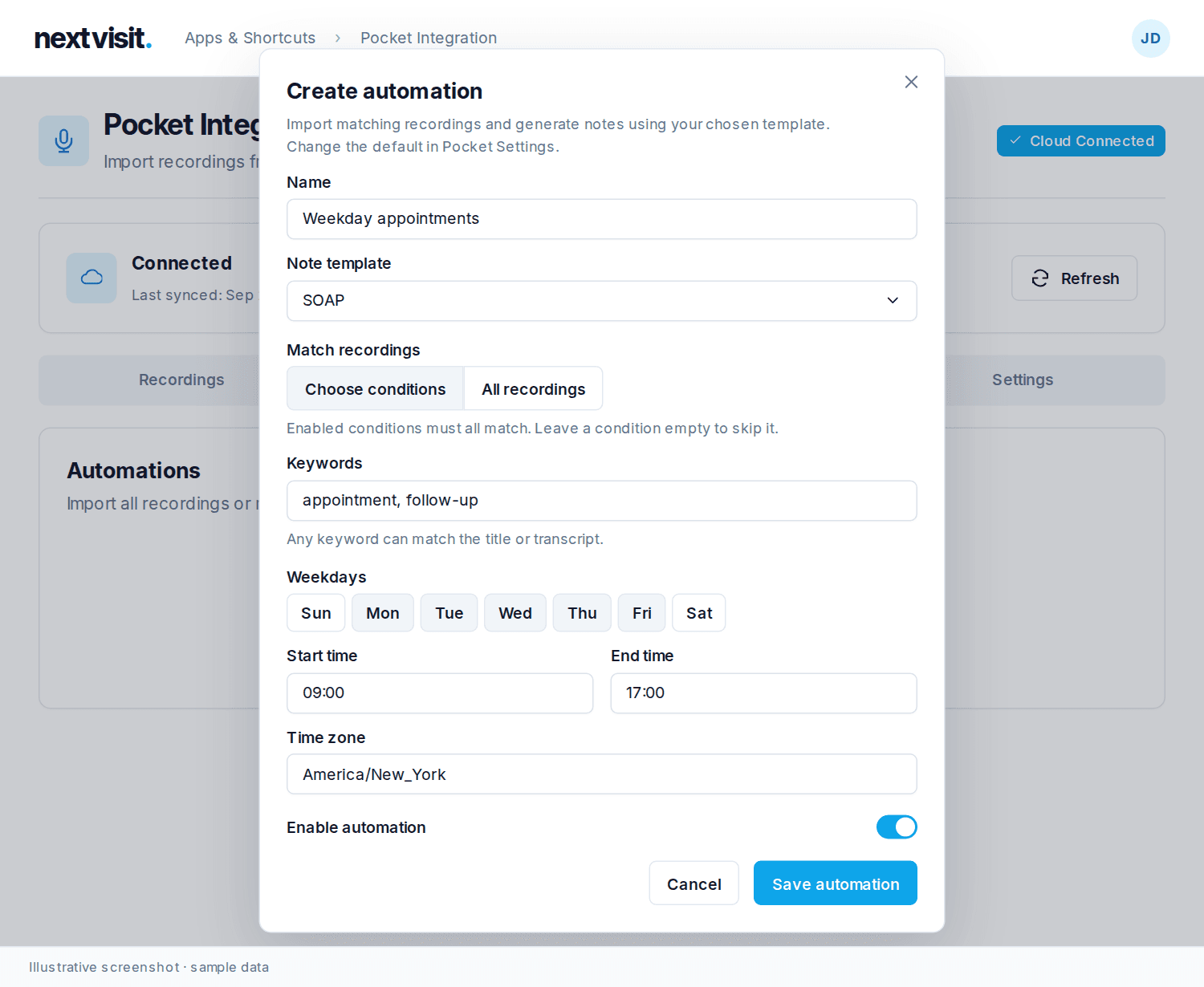 Pocket automation form matching weekday appointments from 09:00 to 17:00 in America/New_York