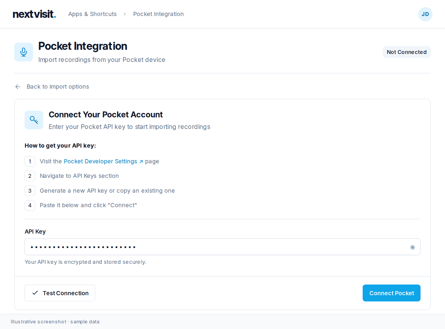 Pocket cloud connection form with a masked API key and Test Connection and Connect Pocket buttons