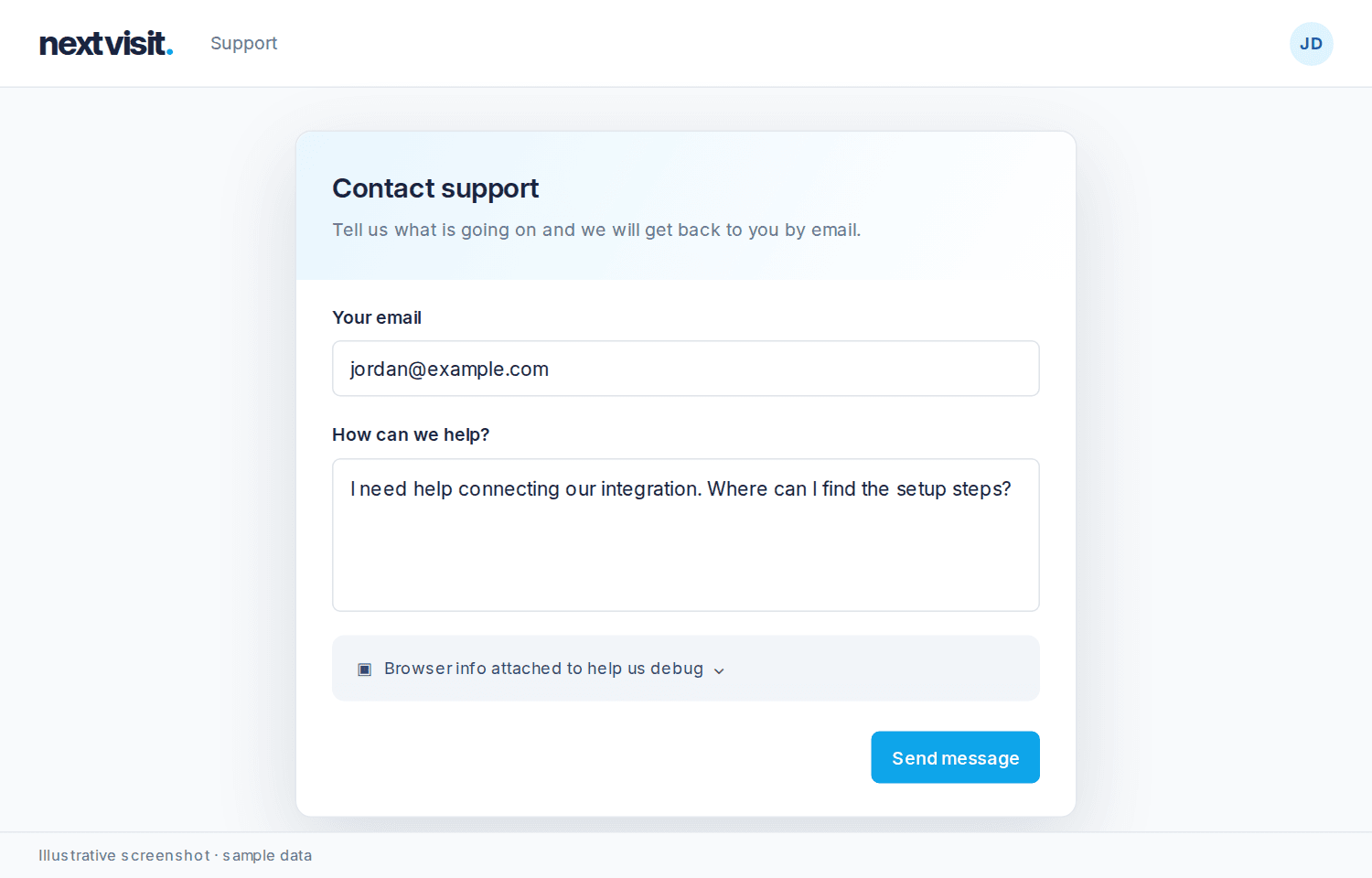 Fallback Contact support dialog with sample email, issue description, and Send message button