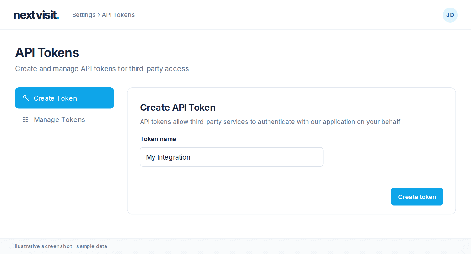 API Tokens page showing Create Token navigation, a sample token name, and Create token button