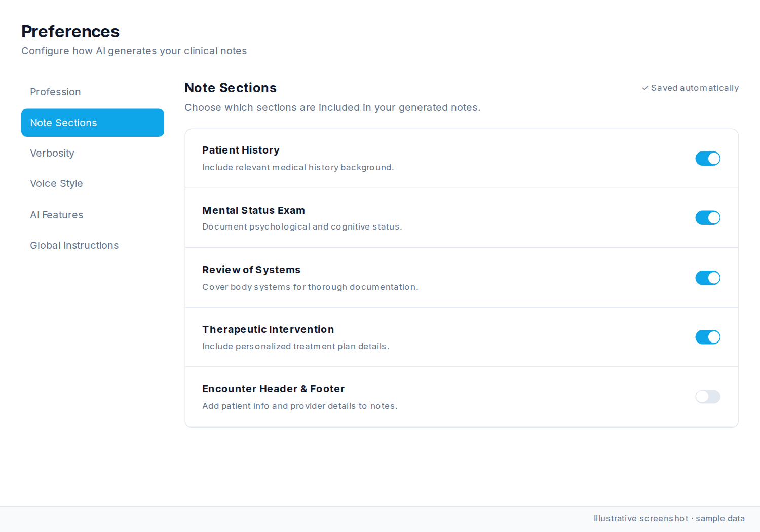 Note Sections preferences with independent switches and Saved automatically.