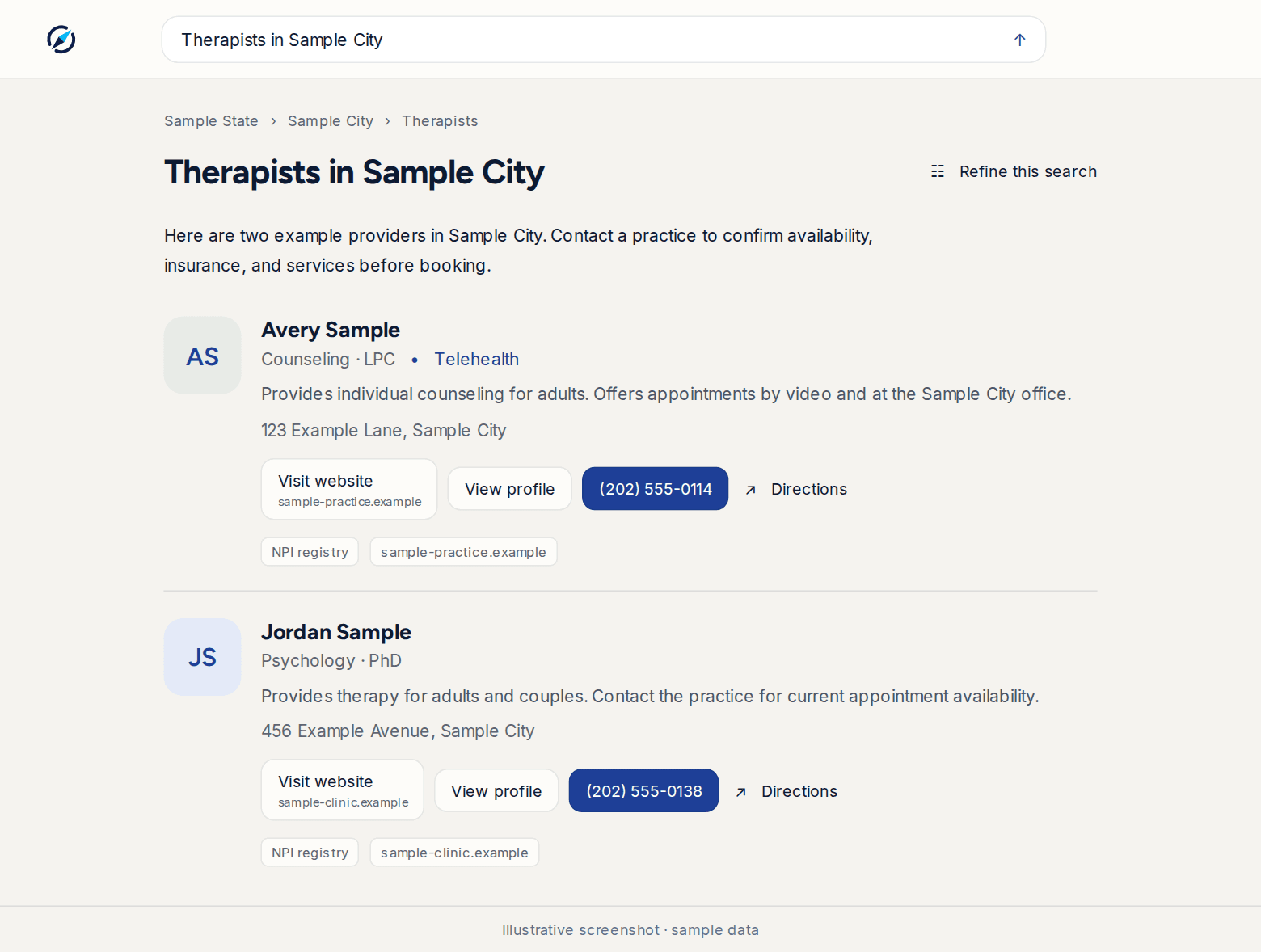 Illustrative Nextvisit Compass results with two sample provider cards, website and phone actions, and NPI registry source labels.