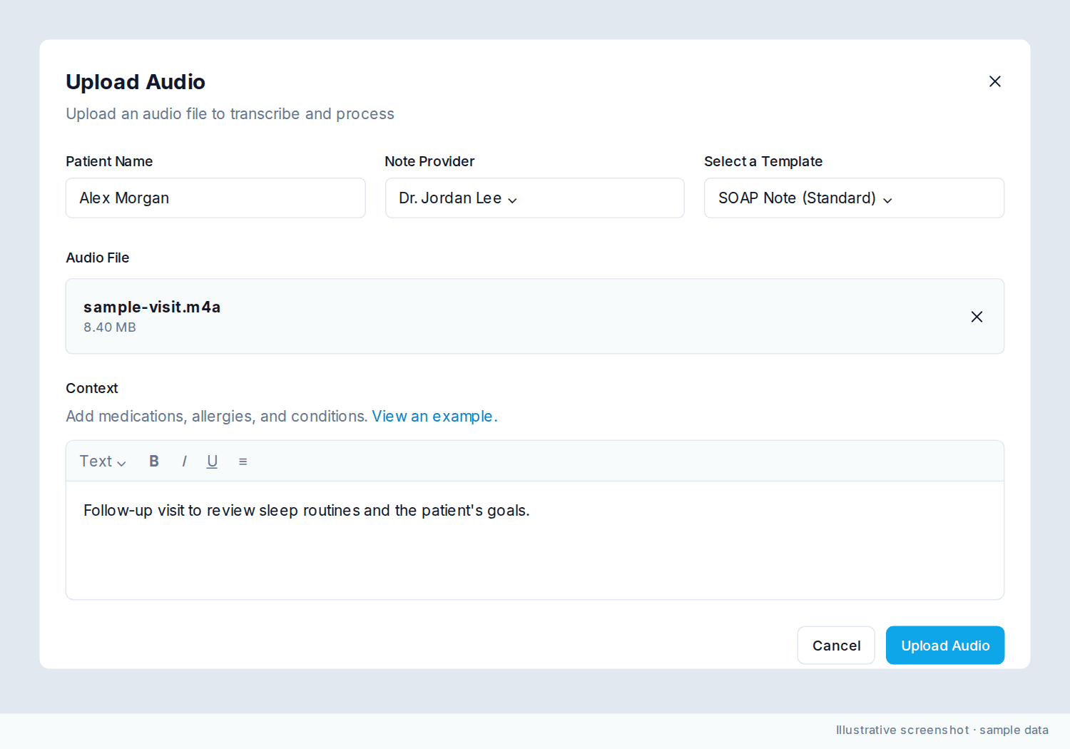 Upload Audio dialog with patient, provider, template, selected audio file, and Context.