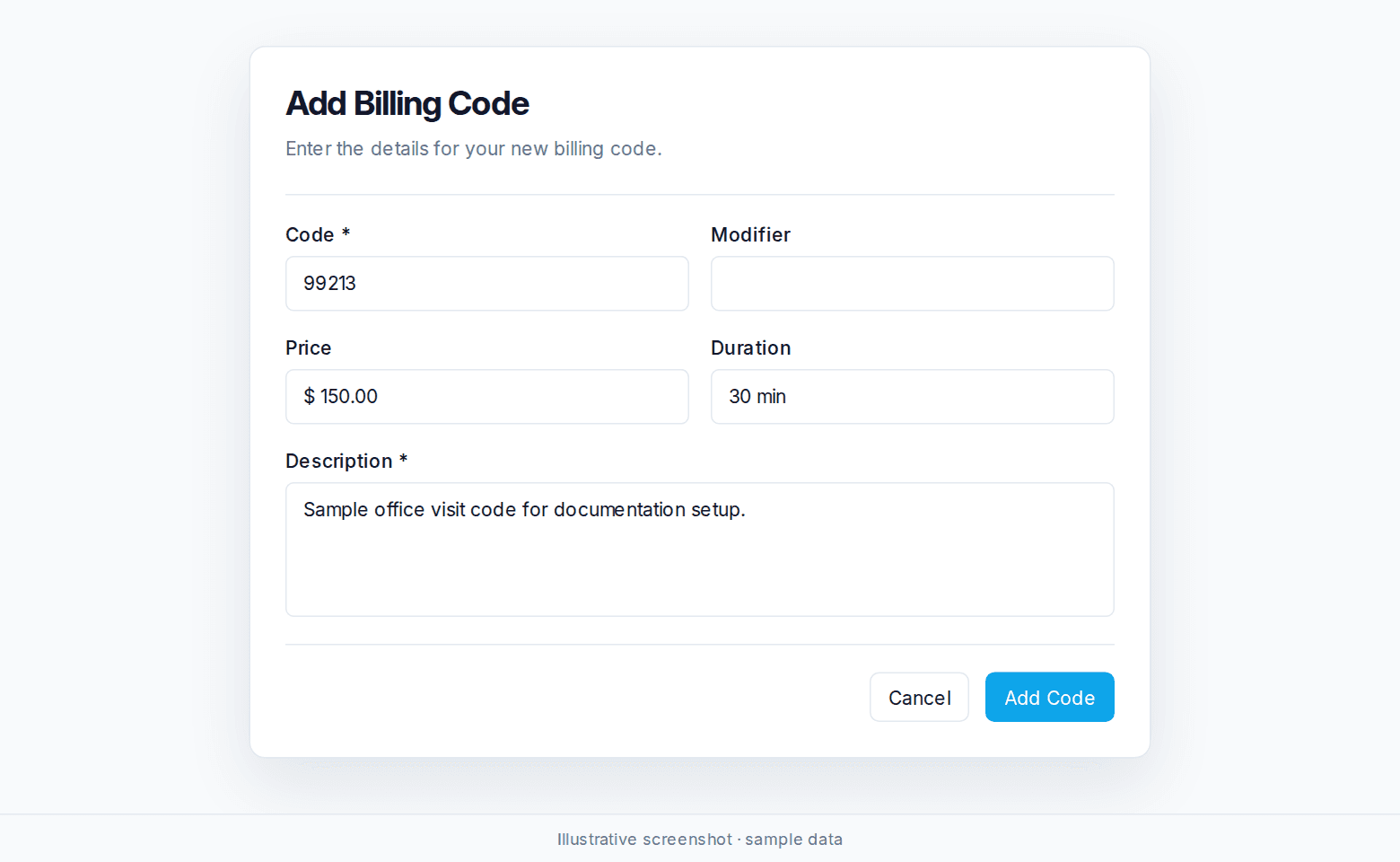 Add Billing Code form showing Code, Modifier, Price, Duration, and Description fields with sample values.