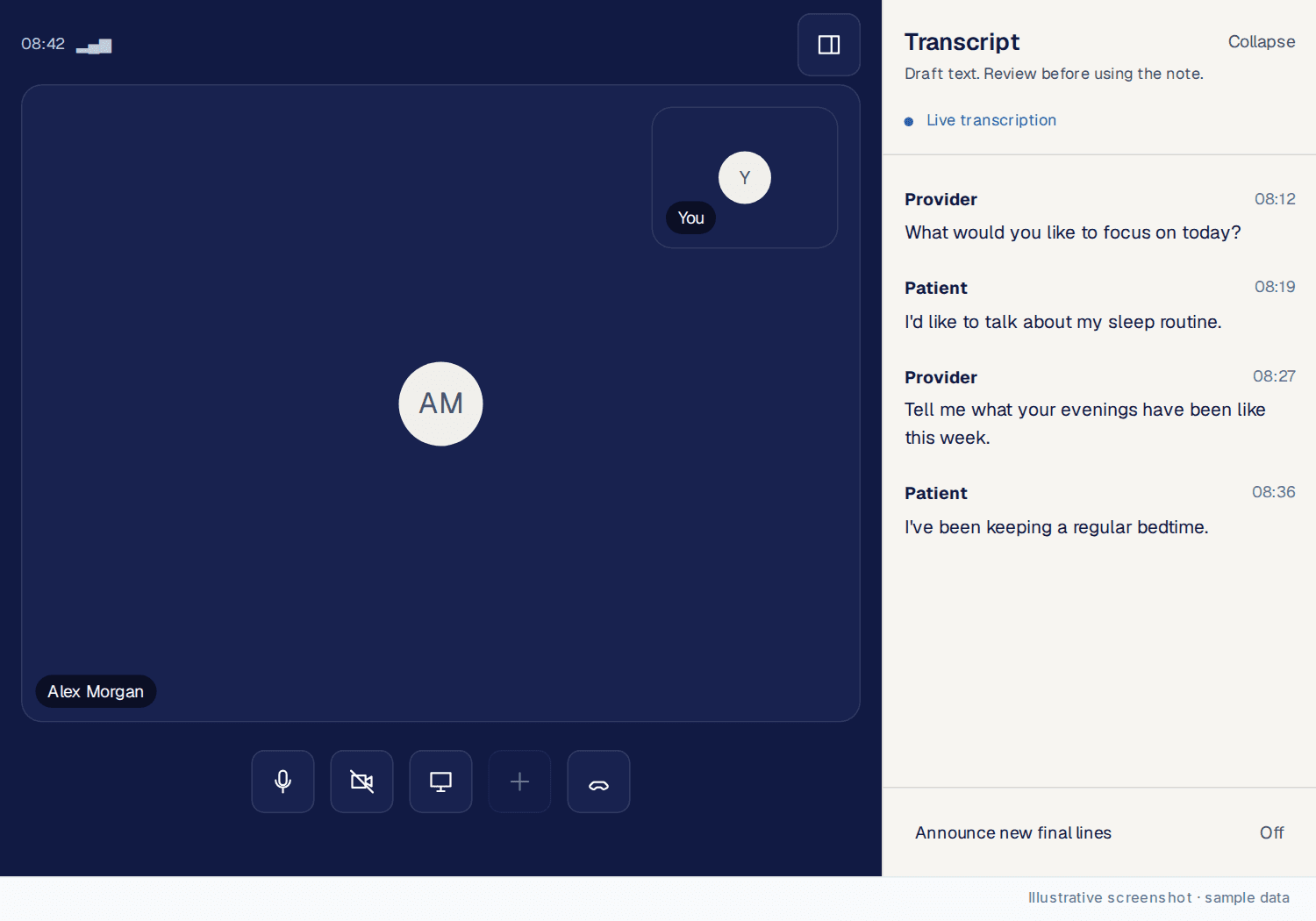 Telehealth call with cameras off and the live Transcript rail showing separate Provider and Patient lines.
