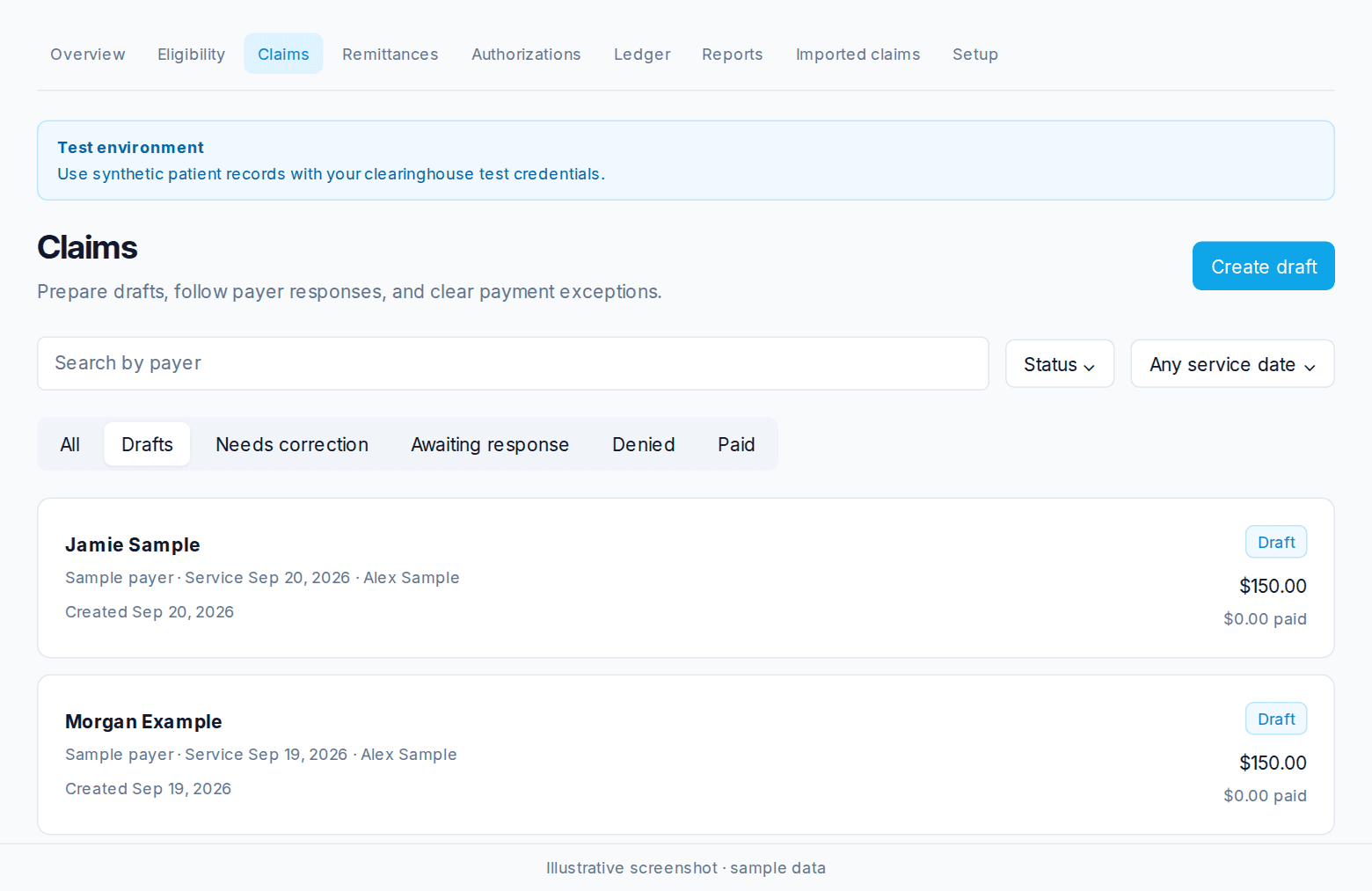 Claims work queue showing two sample drafts, payer search, and status filters in the Test environment.
