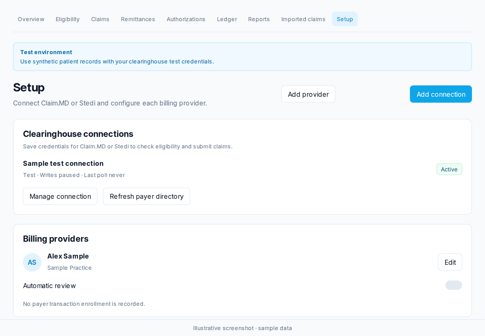 Insurance Setup with a sample test connection, Manage connection, and Billing providers.