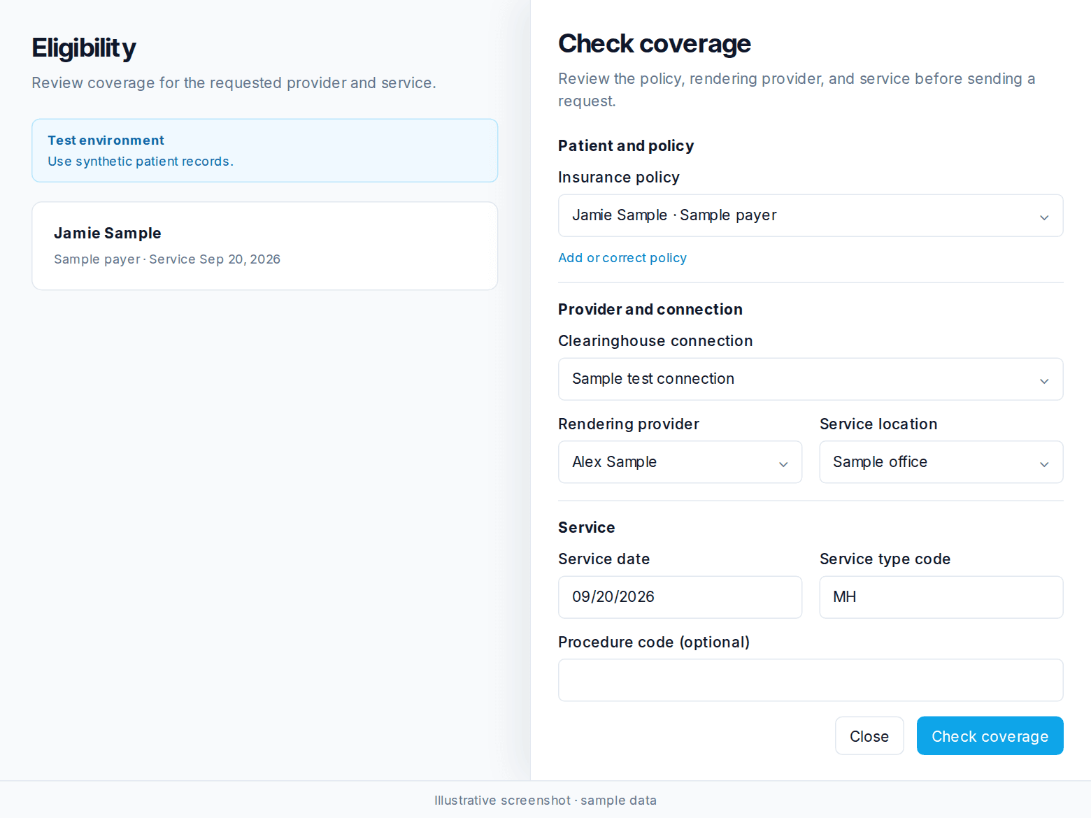 Check coverage sheet with sample policy, connection, rendering provider, service location, and date.