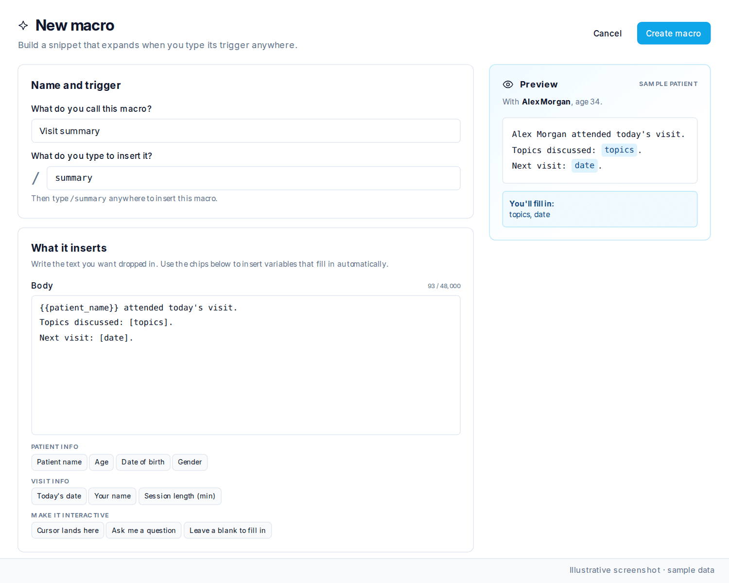 New macro form with a slash trigger, patient variable, fillable fields, and the sample-patient preview.