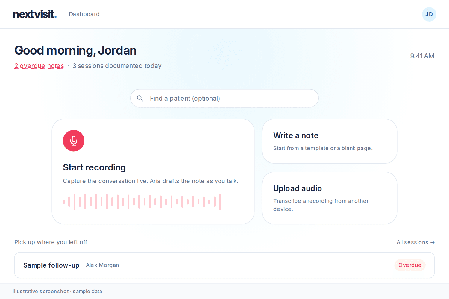 Dashboard showing patient search, Start recording, Write a note, Upload audio, and an overdue sample session