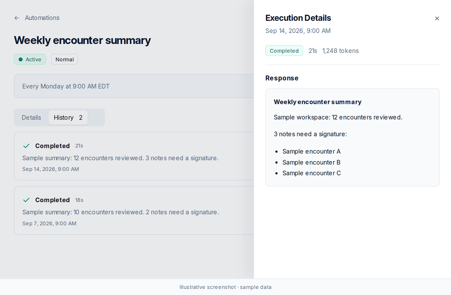 Task execution history and an open Execution Details panel with a completed sample summary, duration, and token count.