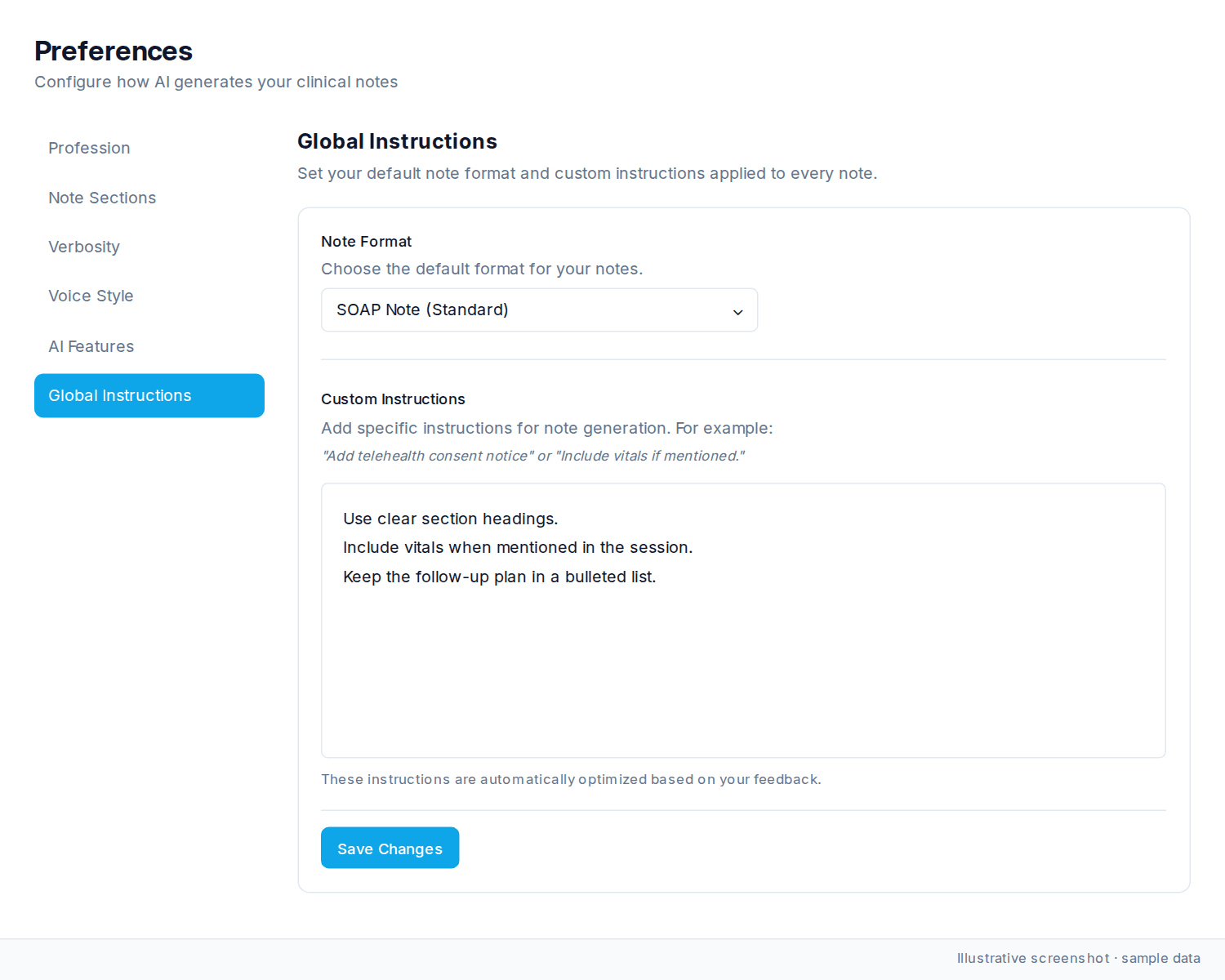 Global Instructions showing Note Format, Custom Instructions, and Save Changes.