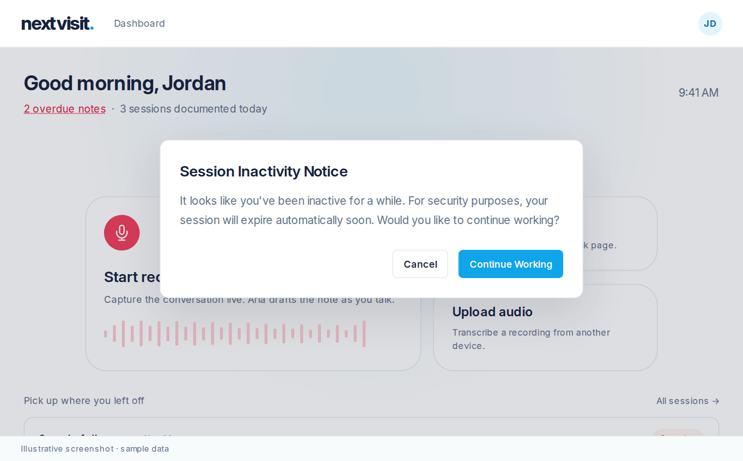 Session Inactivity Notice dialog with Cancel and Continue Working buttons