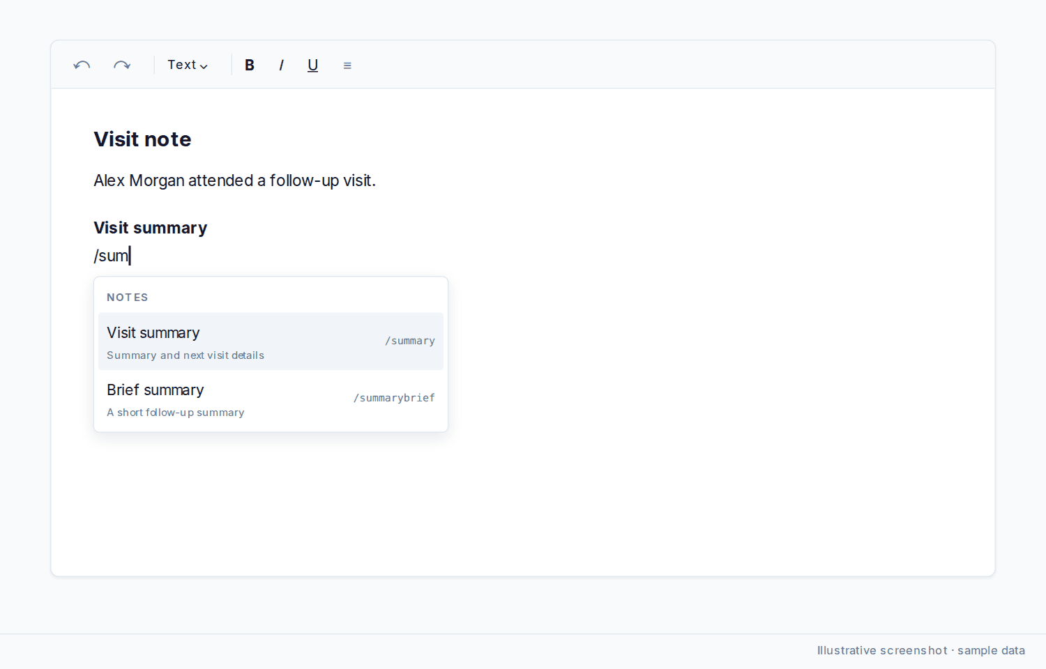A note editor with slash text filtering the menu to Visit summary and Brief summary macros.