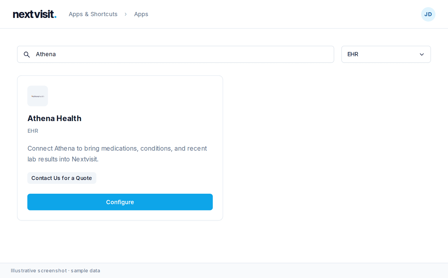 Illustrative Athena Health integration card showing quote-based pricing