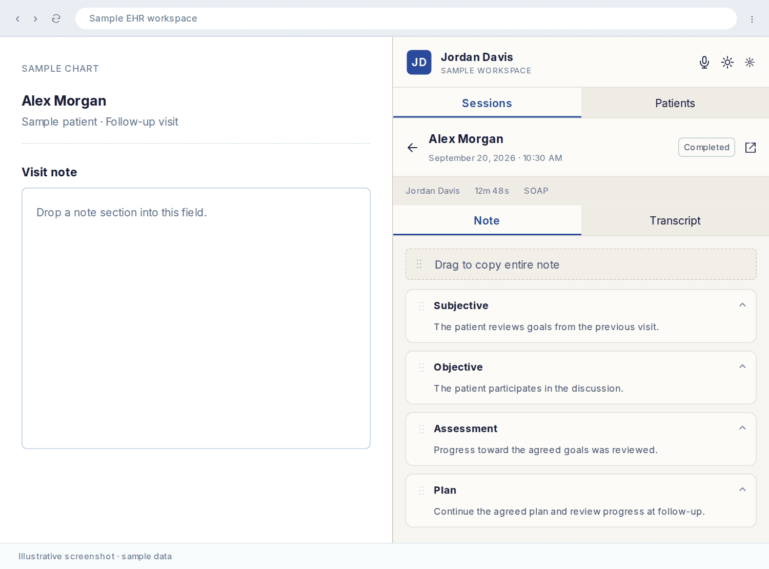 Nextvisit Chrome sidebar with draggable SOAP note sections beside a sample EHR note field