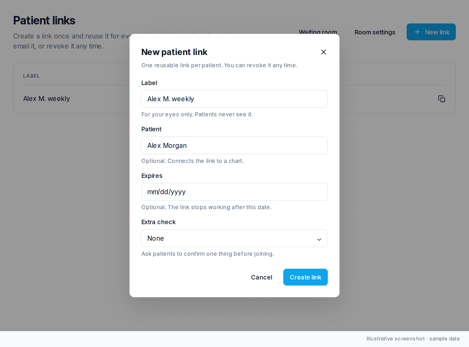 New patient link dialog with Label, Patient, Expires, Extra check, and Create link.