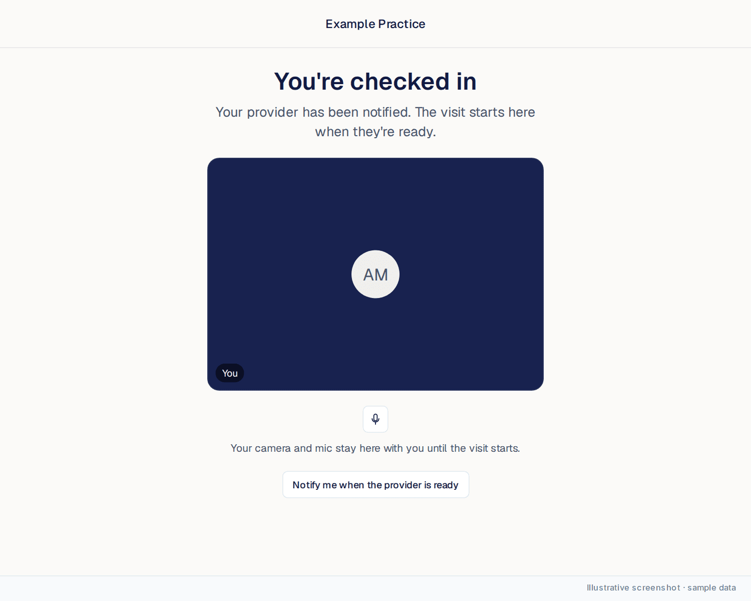 Patient waiting room showing You're checked in, a camera-off preview, and the provider notification button.