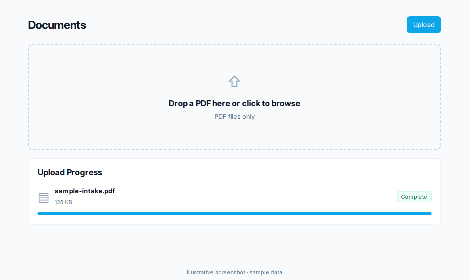 Documents upload area with the PDF drop zone and a completed sample-intake.pdf upload.