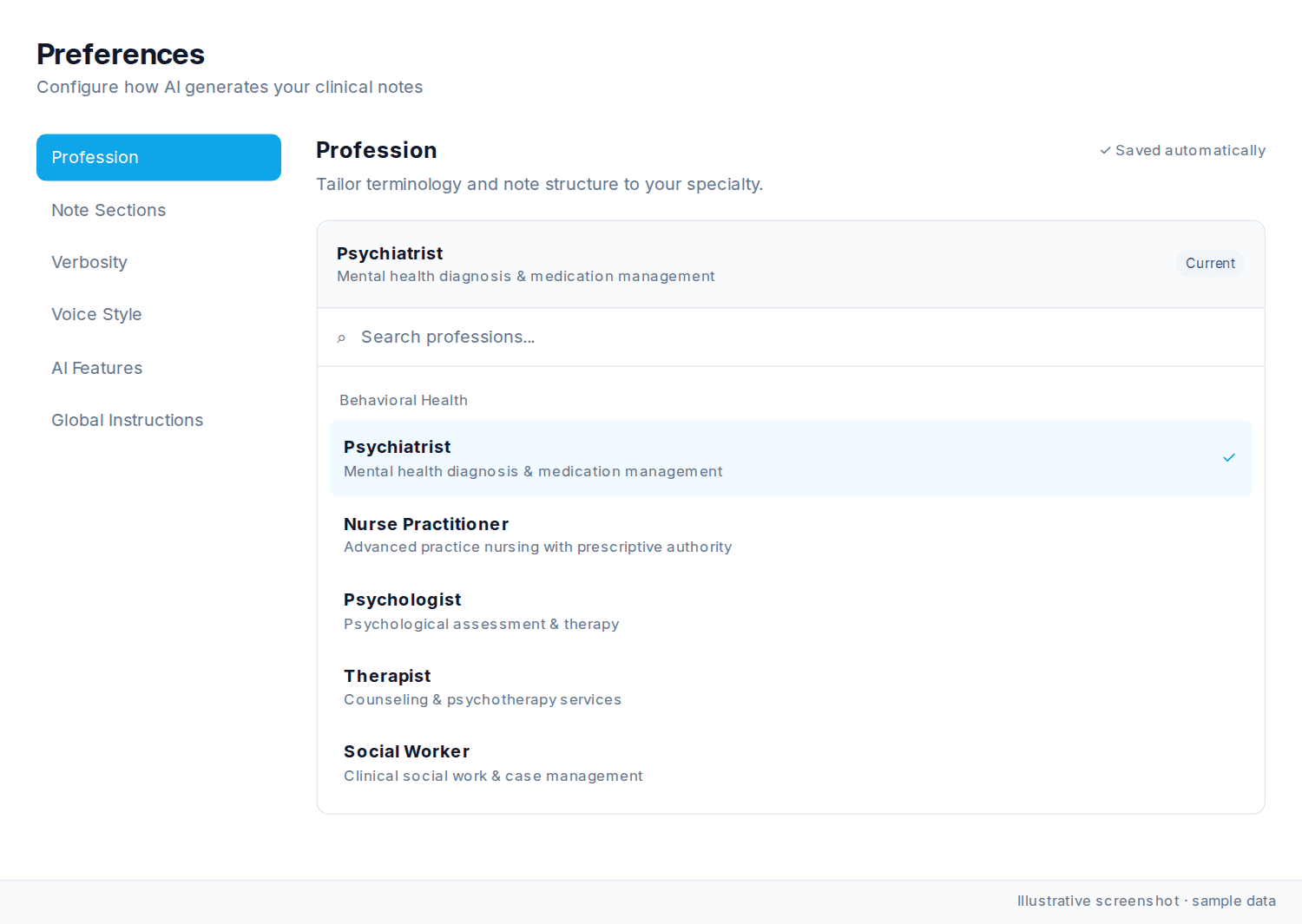 Profession preferences with a searchable list and Psychiatrist selected.