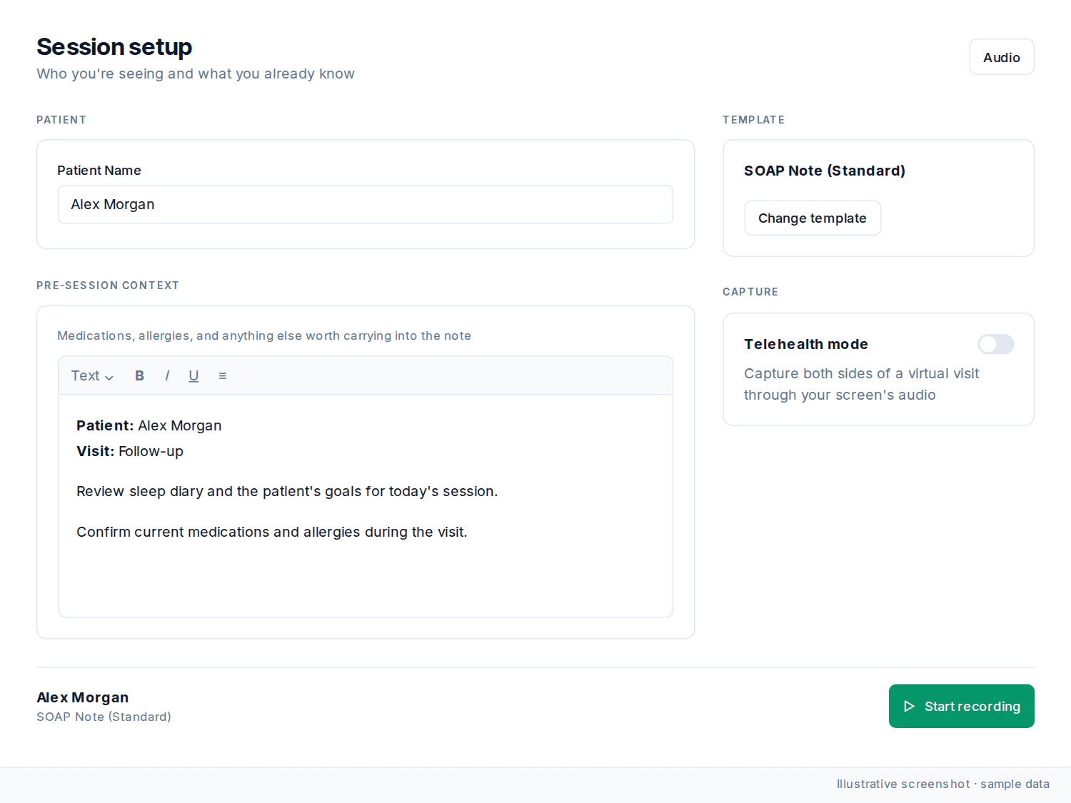 Session setup with patient, Pre-session context, template, Telehealth mode, and Start recording.