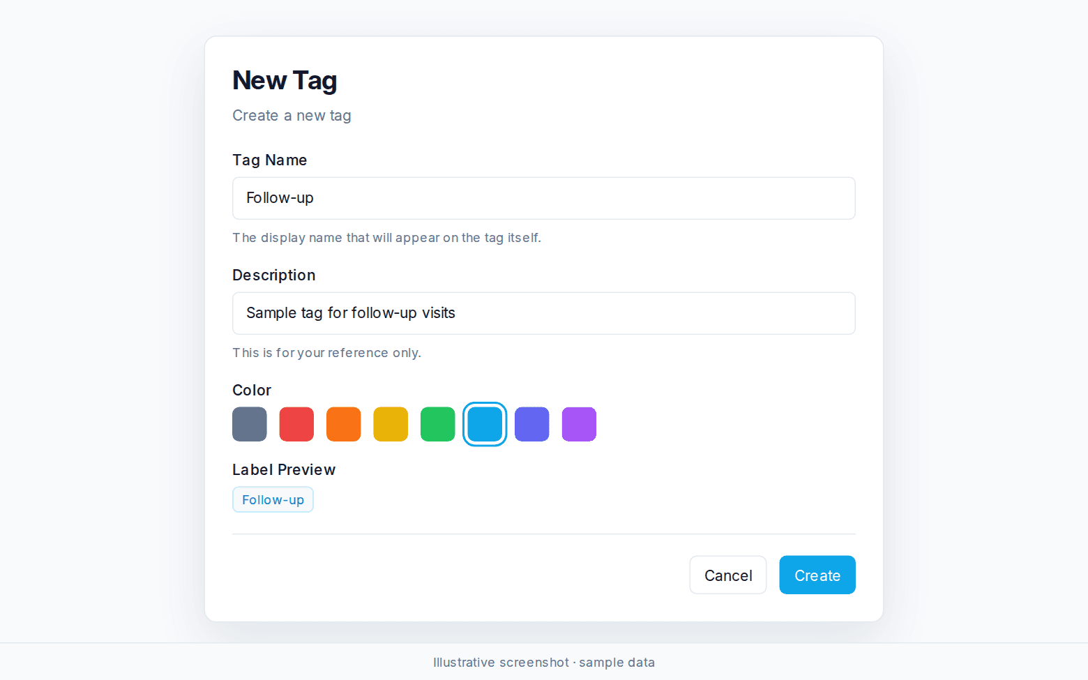 New Tag dialog with a sample Follow-up tag, description, color choices, and label preview.