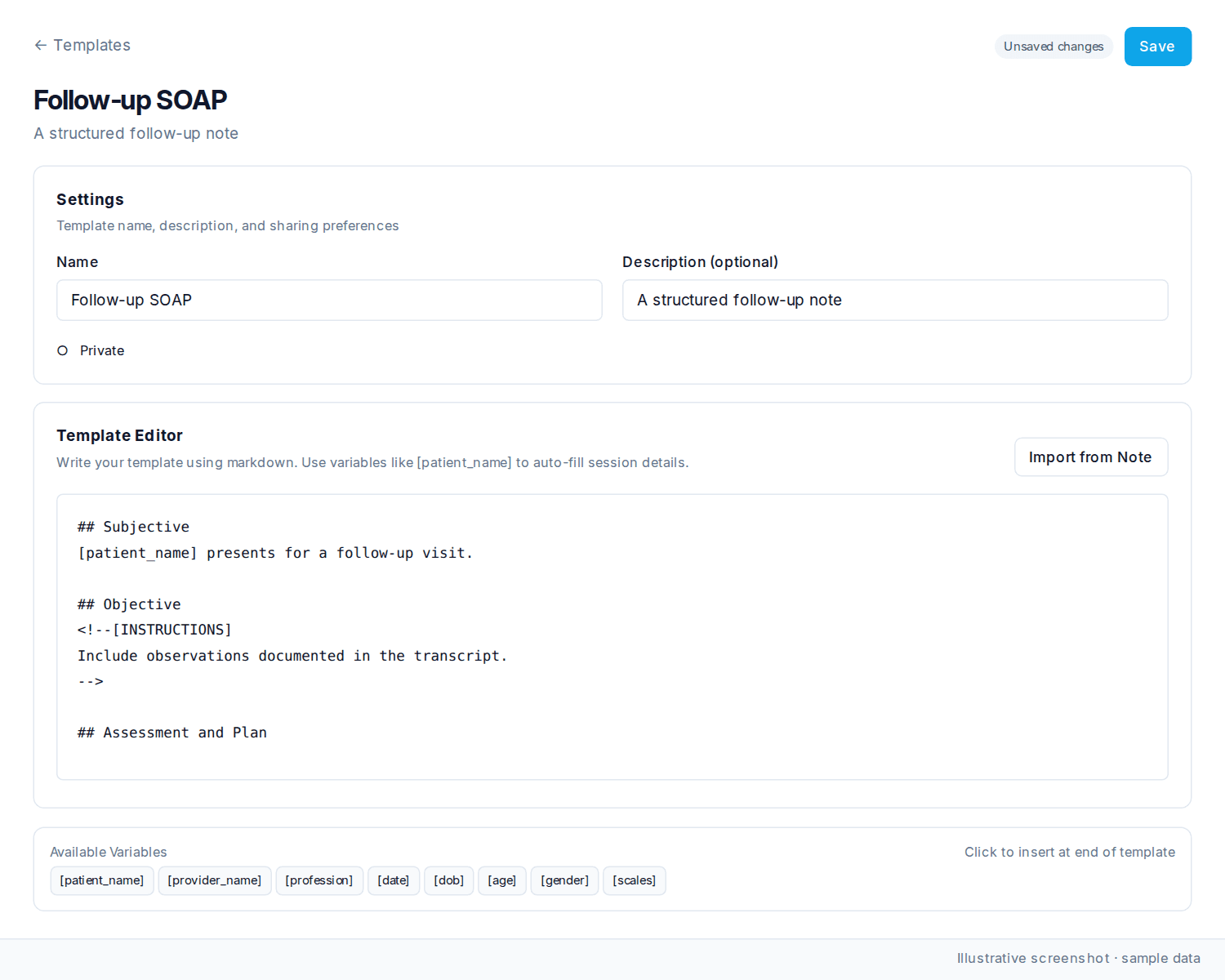 Custom template editor with markdown, patient placeholders, and available variables.