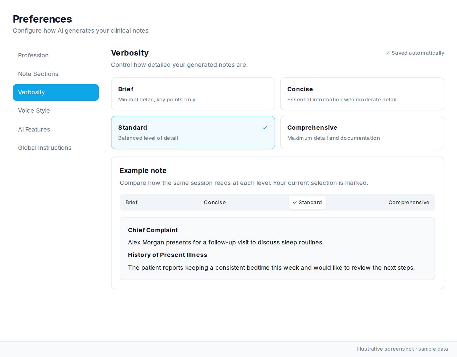 Verbosity preferences with four detail levels and the selected Standard preview.
