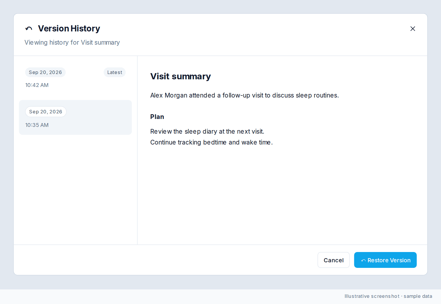 Version History dialog with timestamped versions, a selected preview, and Restore Version.