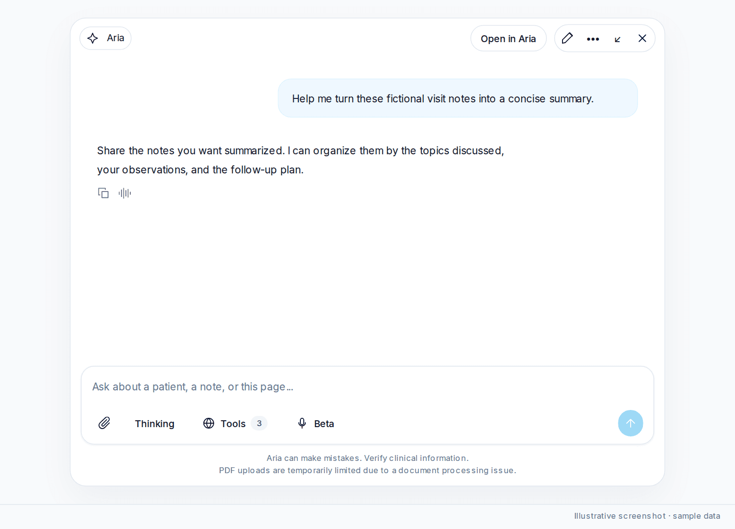 Aria chat composer with the microphone button labeled Beta beside Tools.