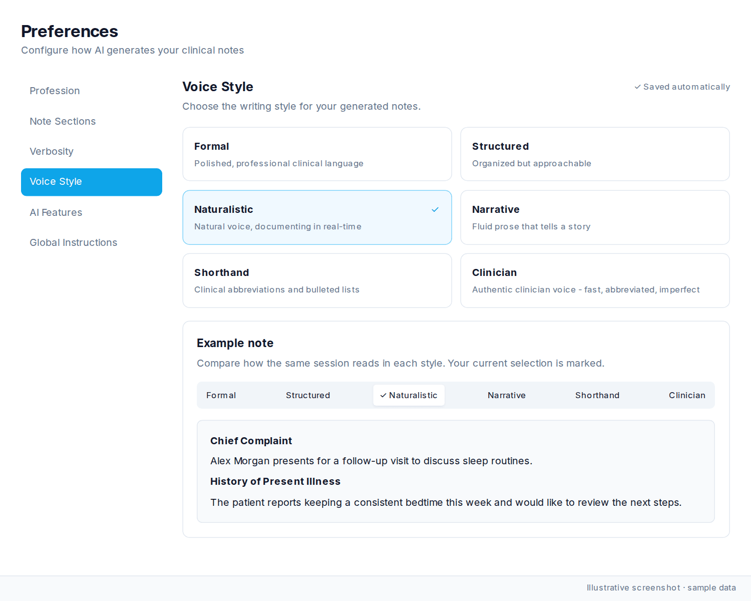 Voice Style preferences with six styles and a Naturalistic sample preview.